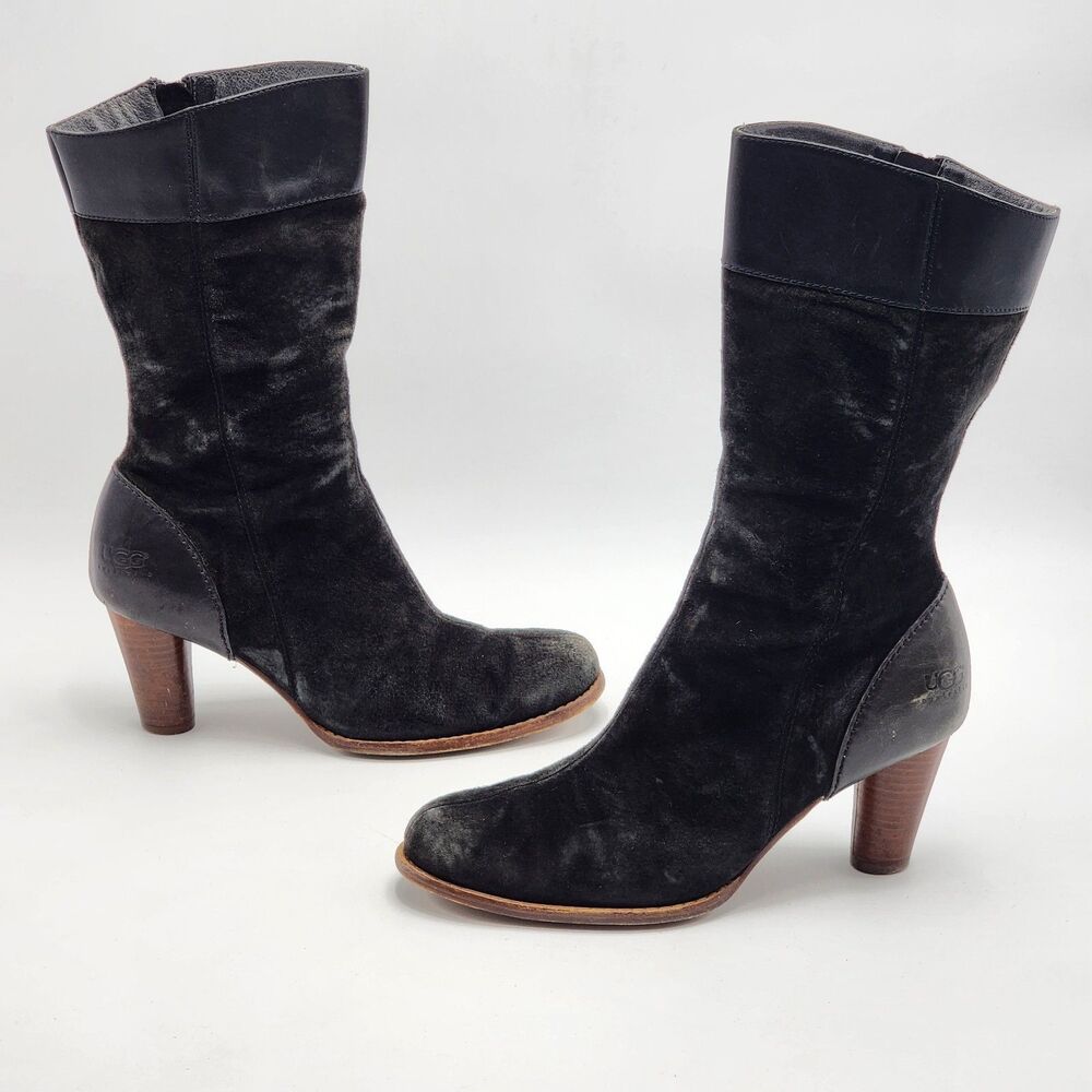 UGG Australia Stella Suede Leather Black Heeled Boots Size 9 - Picture 3 of 11